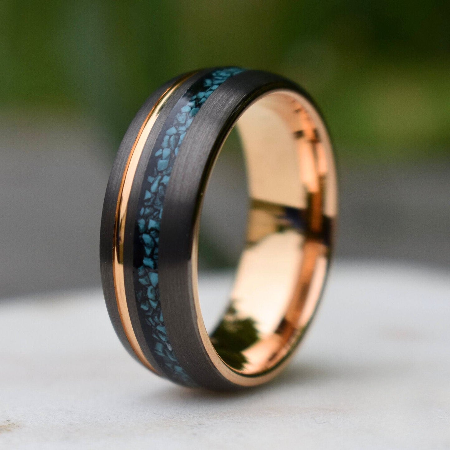 Tungsten 8mm Ring Grey with Rose Gold Accent and Crushed Turquoise