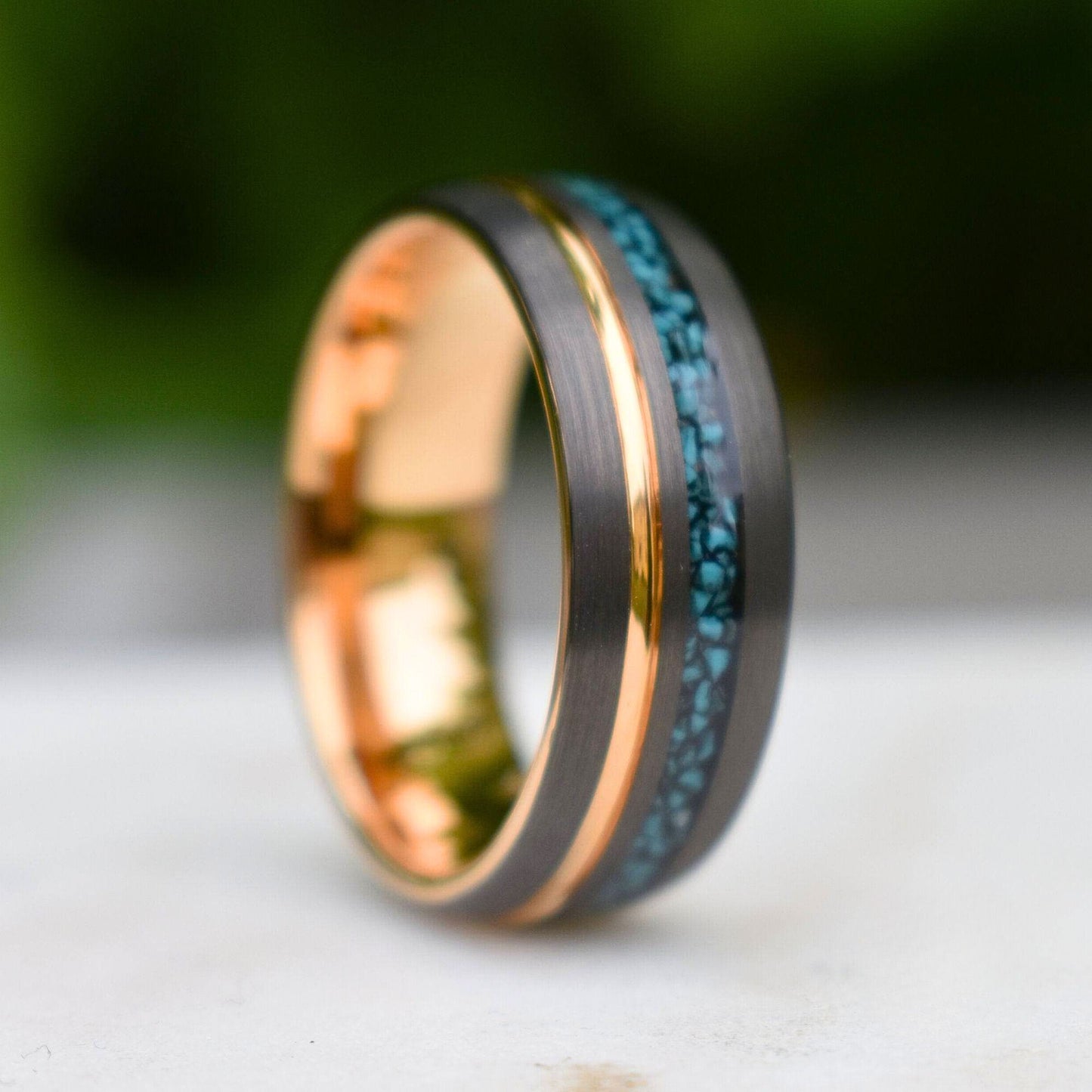 Tungsten 8mm Ring Grey with Rose Gold Accent and Crushed Turquoise