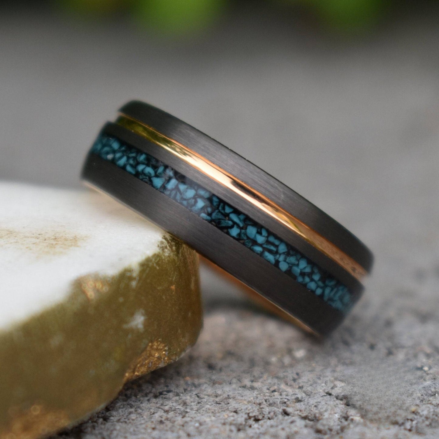 Tungsten 8mm Ring Grey with Rose Gold Accent and Crushed Turquoise