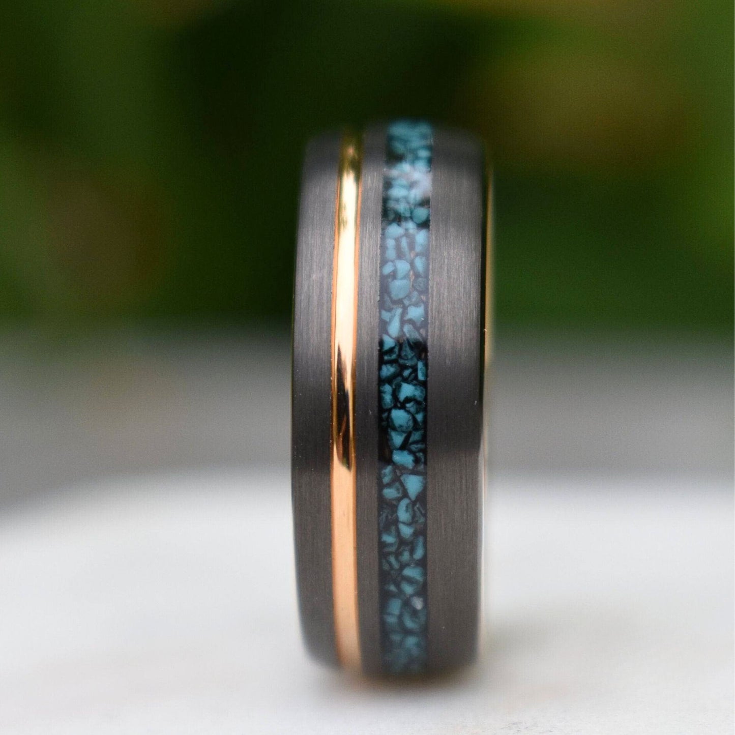 Tungsten 8mm Ring Grey with Rose Gold Accent and Crushed Turquoise