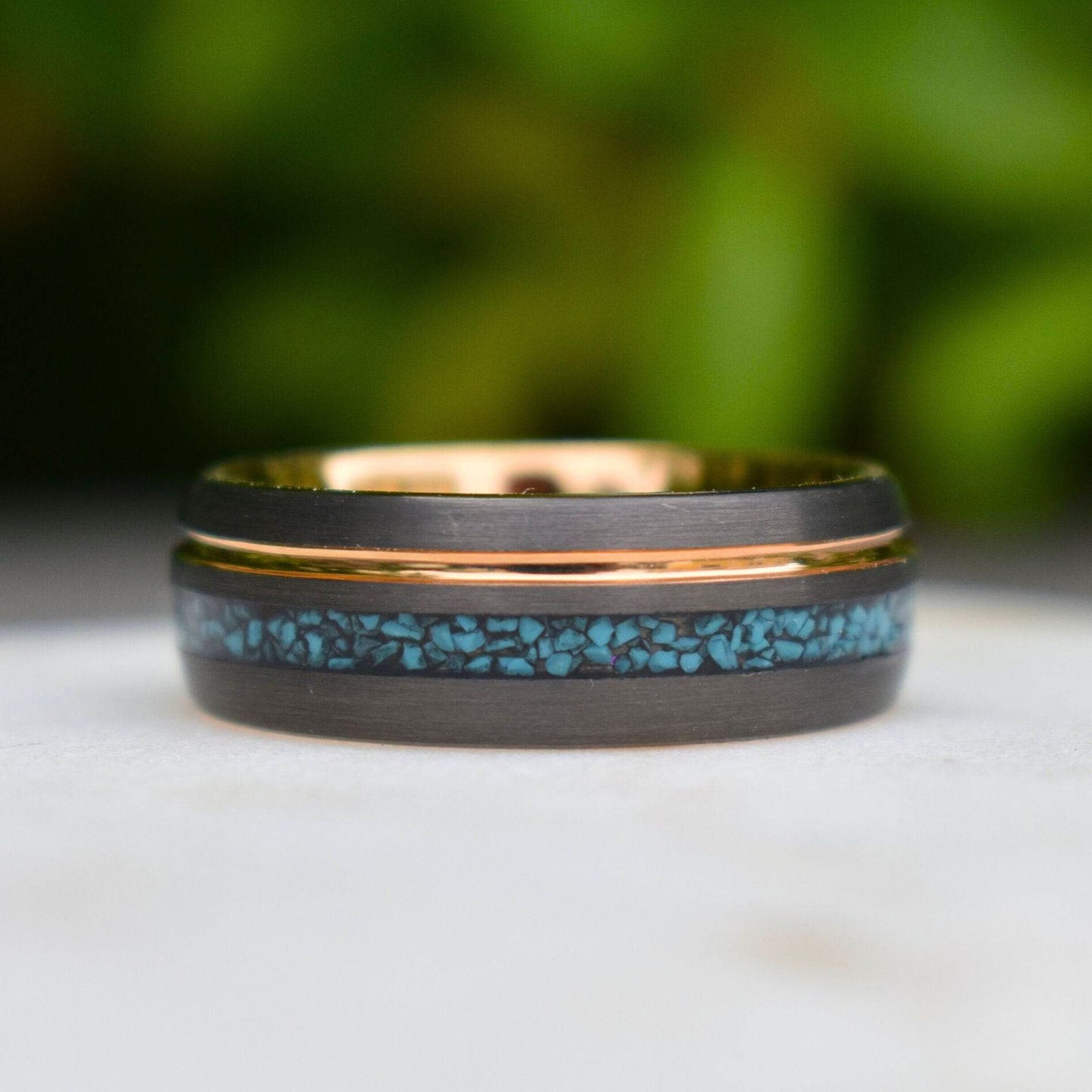 Tungsten 8mm Ring Grey with Rose Gold Accent and Crushed Turquoise