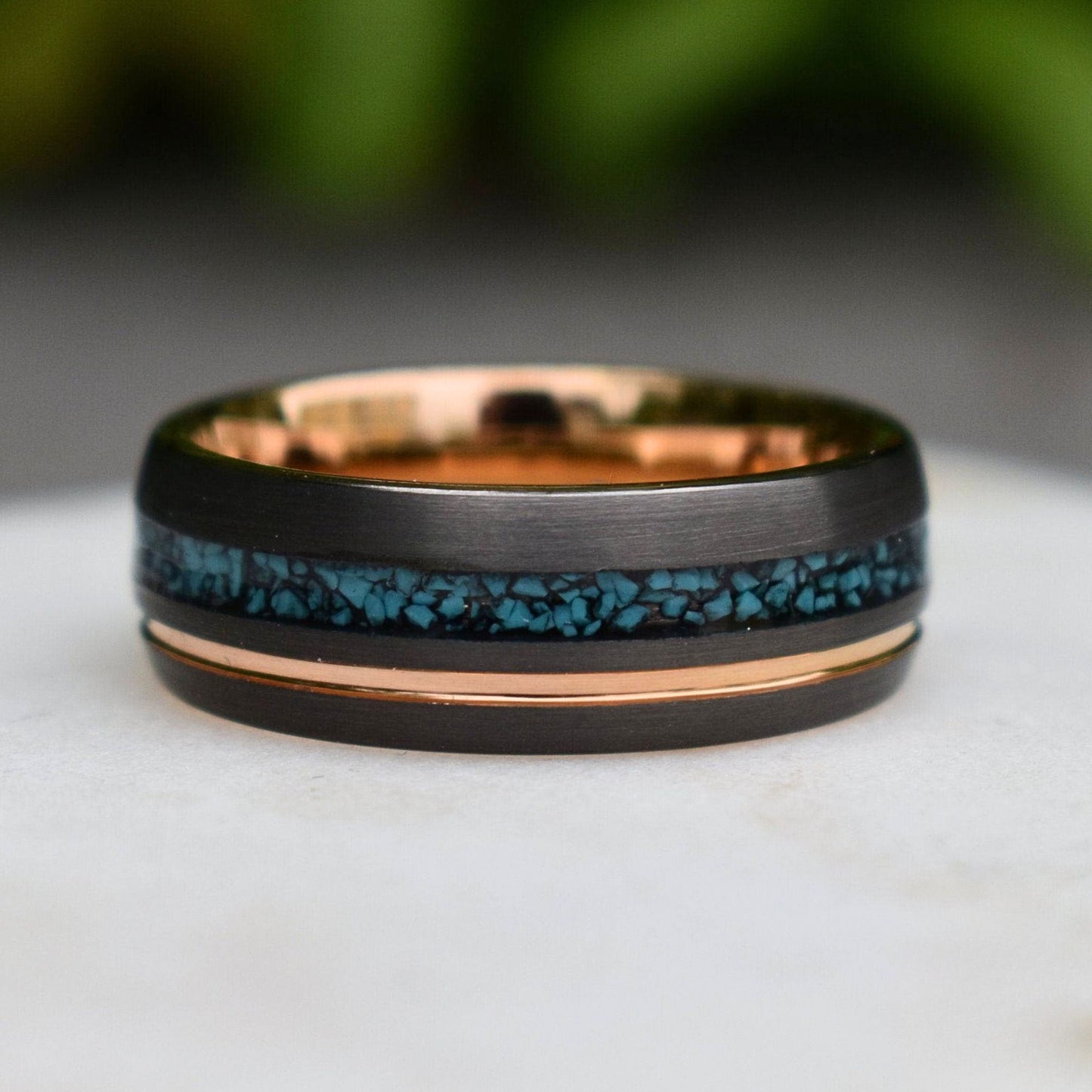 Tungsten 8mm Ring Grey with Rose Gold Accent and Crushed Turquoise