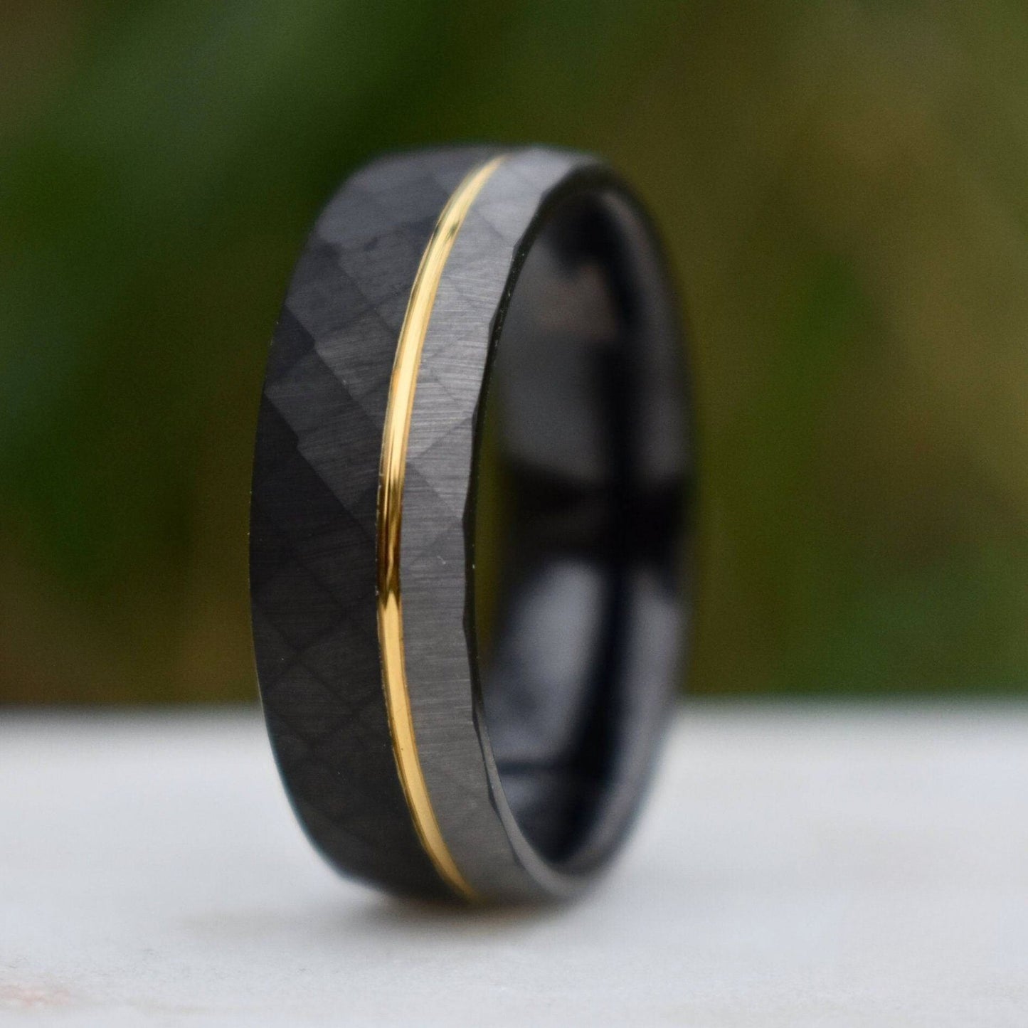 Hammered 8mm Tungsten Ring Black and Silver Brushed with Gold Accent