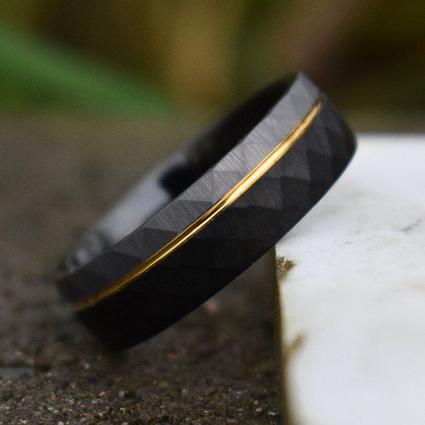 Hammered 8mm Tungsten Ring Black and Silver Brushed with Gold Accent