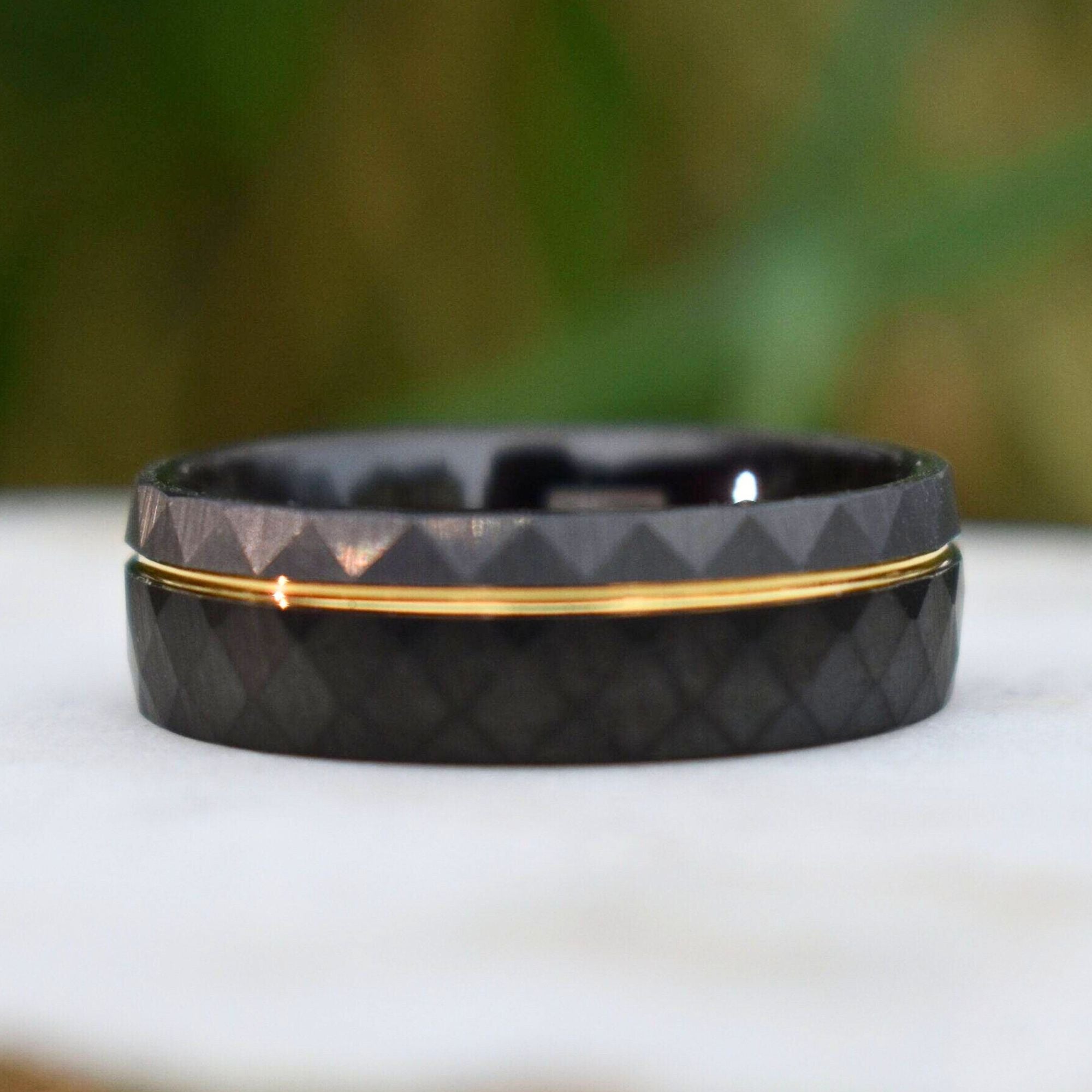 Hammered 8mm Tungsten Ring Black and Silver Brushed with Gold Accent - Tungsten Titans