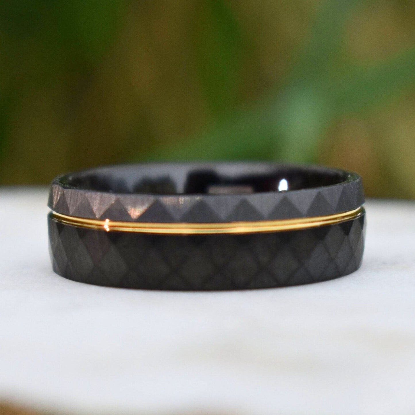 Hammered 8mm Tungsten Ring Black and Silver Brushed with Gold Accent