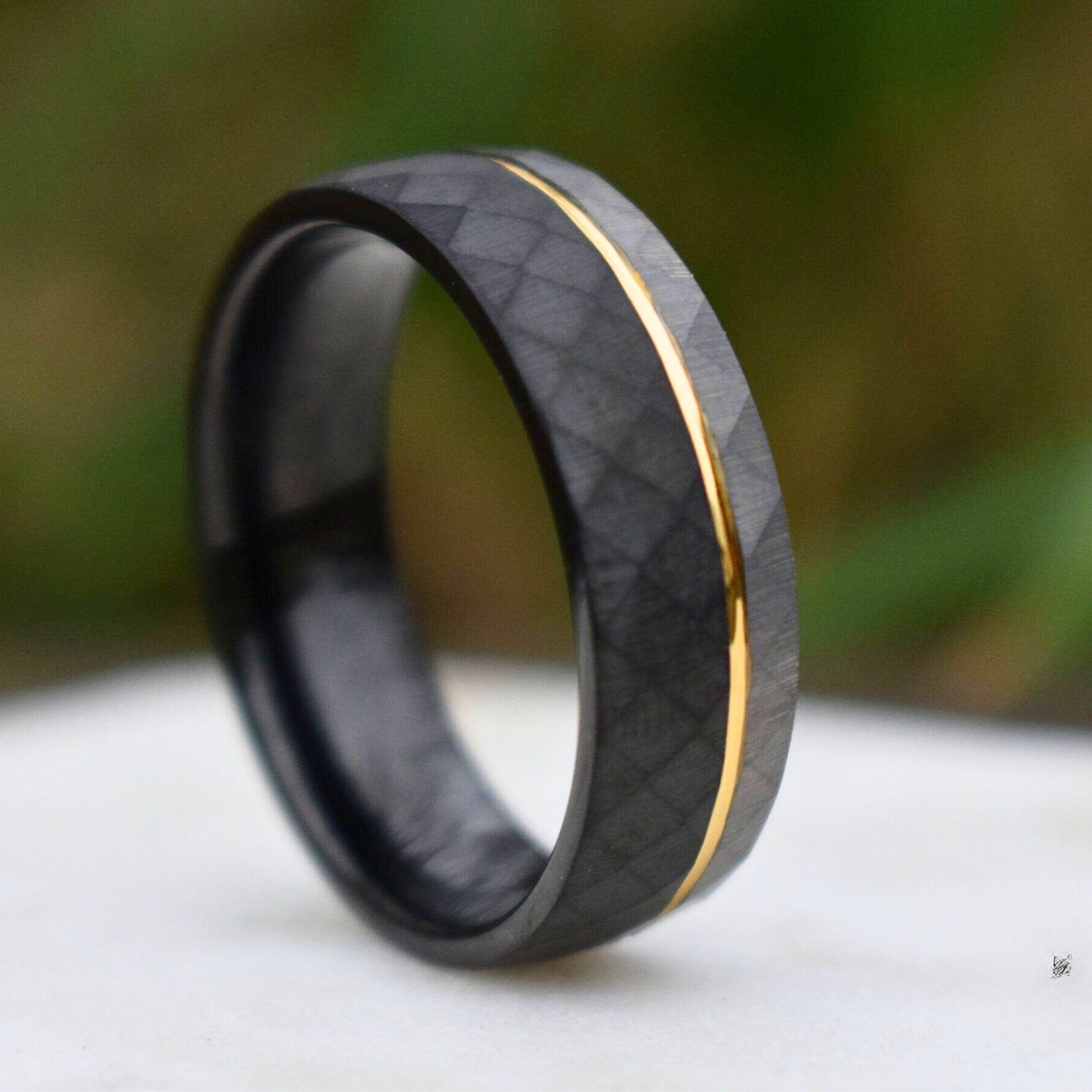 Hammered 8mm Tungsten Ring Black and Silver Brushed with Gold Accent