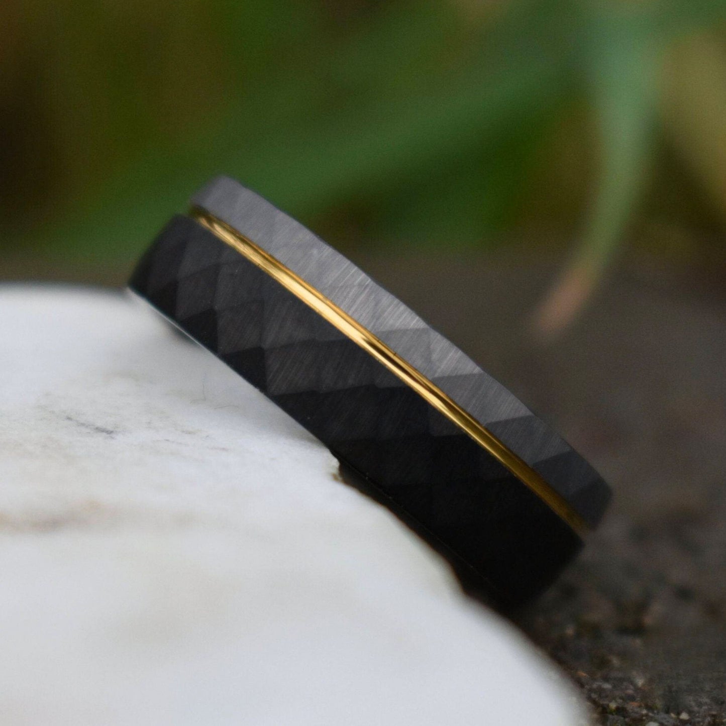 Hammered 8mm Tungsten Ring Black and Silver Brushed with Gold Accent