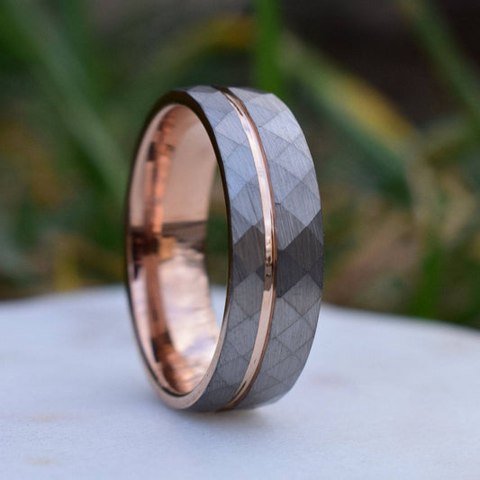 Hammered 8mm Tungsten Ring with Rose Gold Accent