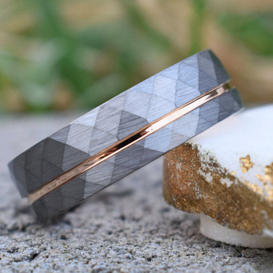 Hammered 8mm Tungsten Ring with Rose Gold Accent - Tungsten Titans