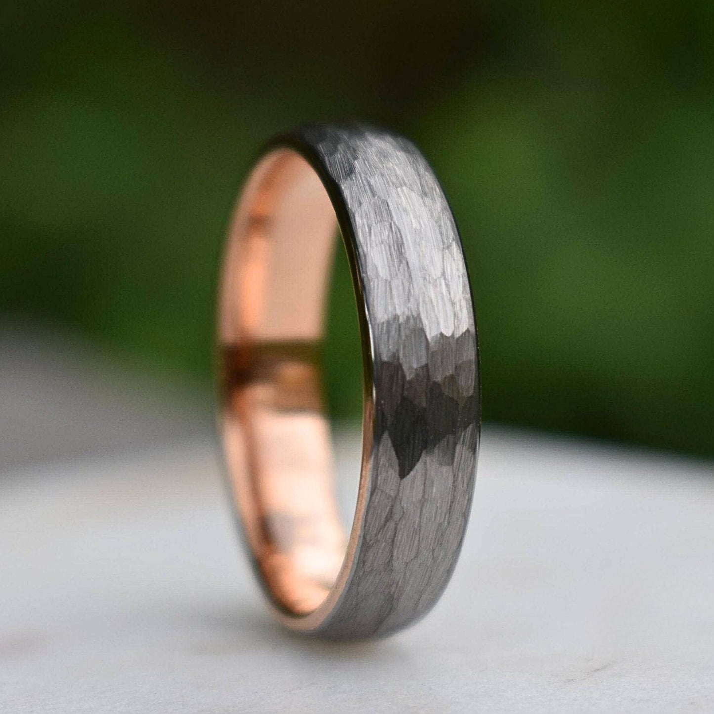 Hammered Tungsten 6mm Ring with Rose Gold Band