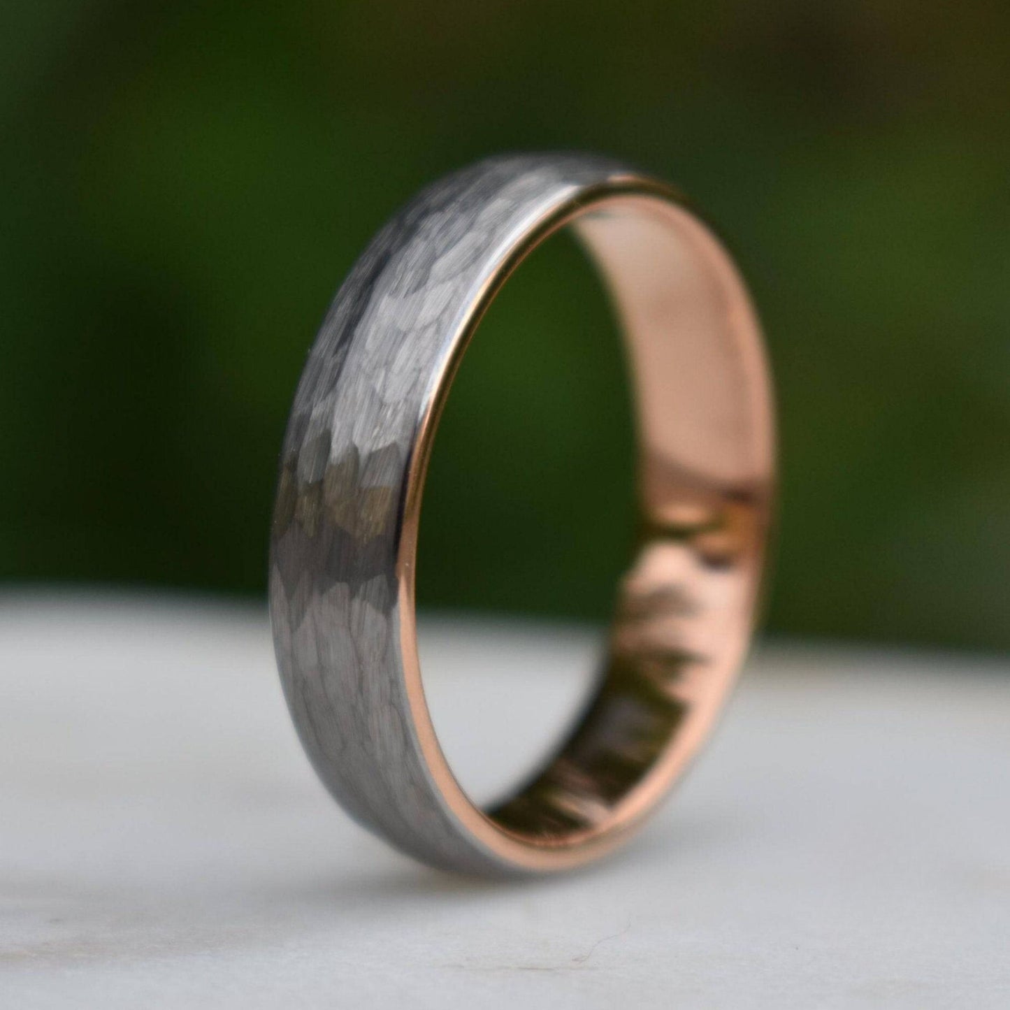 Hammered Tungsten 6mm Ring with Rose Gold Band