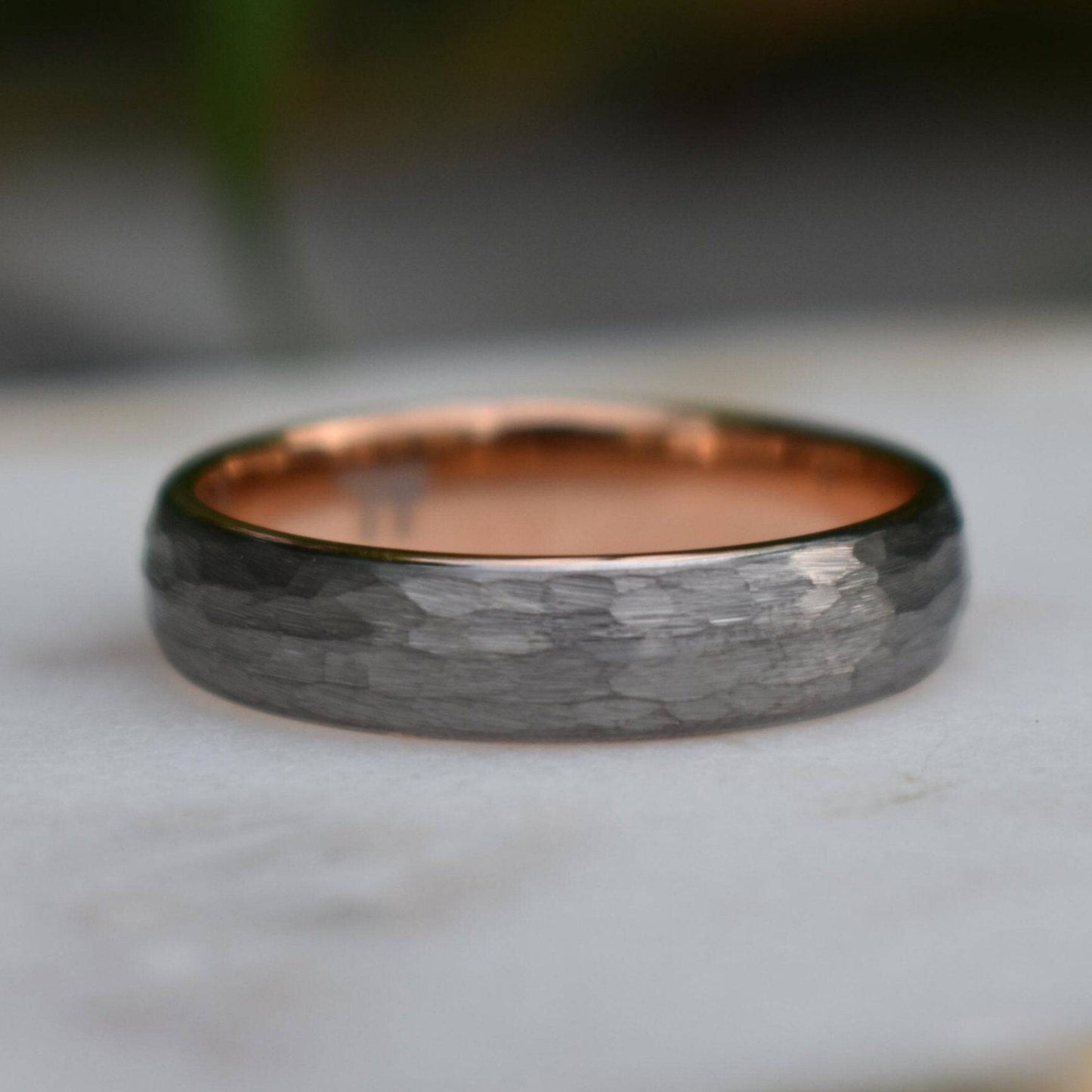 Hammered Tungsten 6mm Ring with Rose Gold Band