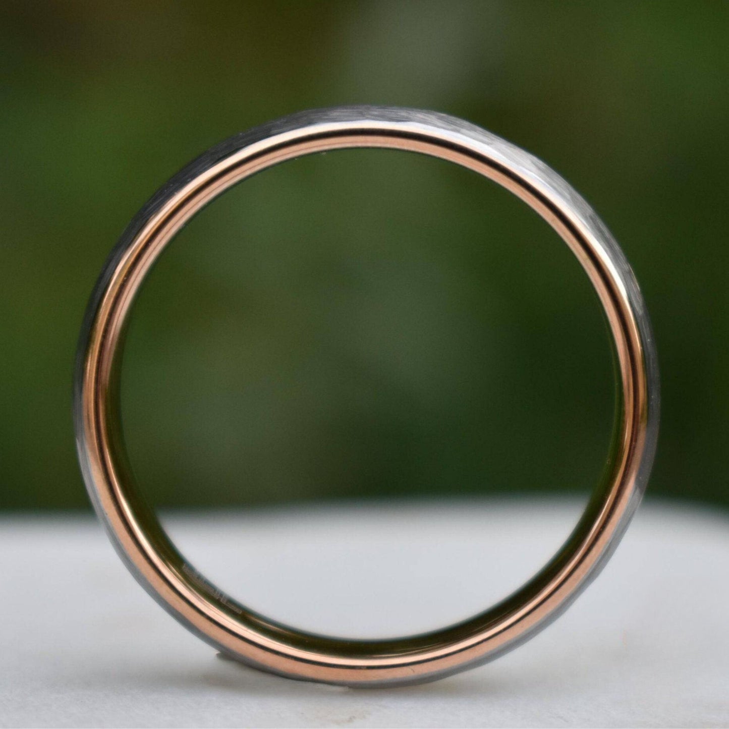 Hammered Tungsten 6mm Ring with Rose Gold Band