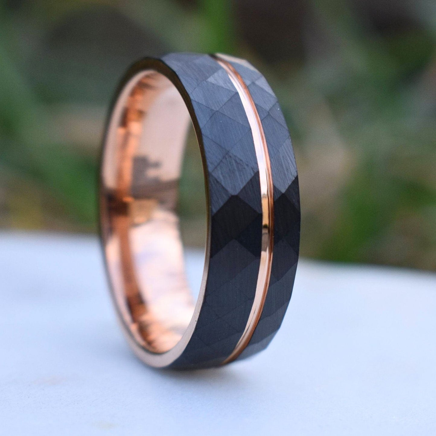 Hammered 8mm Black Tungsten Ring with Rose Gold Accent