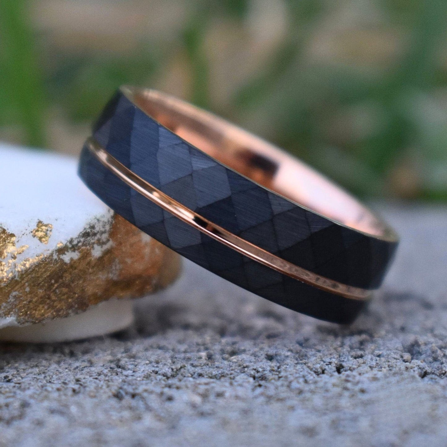 Hammered 8mm Black Tungsten Ring with Rose Gold Accent