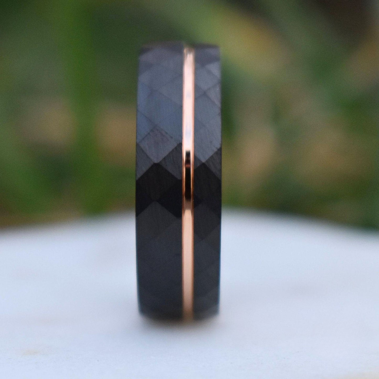 Hammered 8mm Black Tungsten Ring with Rose Gold Accent