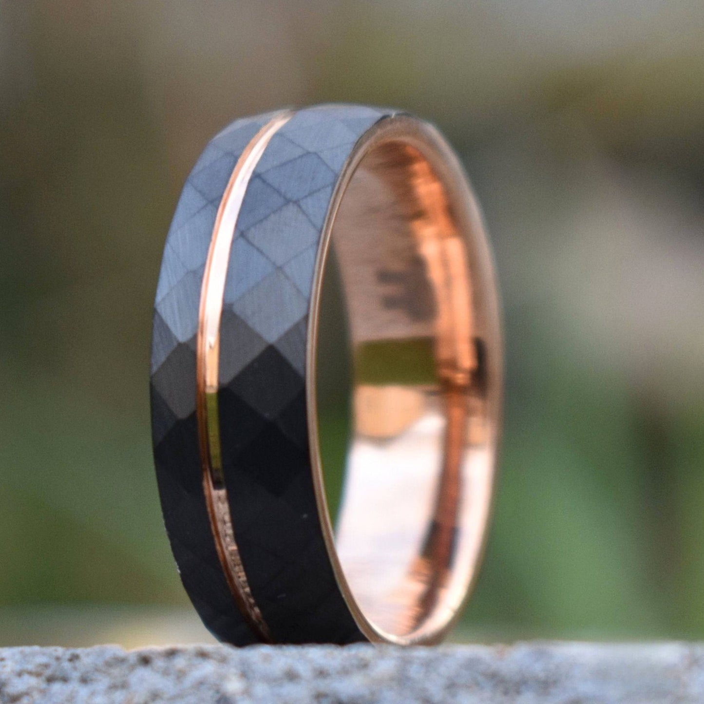 Hammered 8mm Black Tungsten Ring with Rose Gold Accent