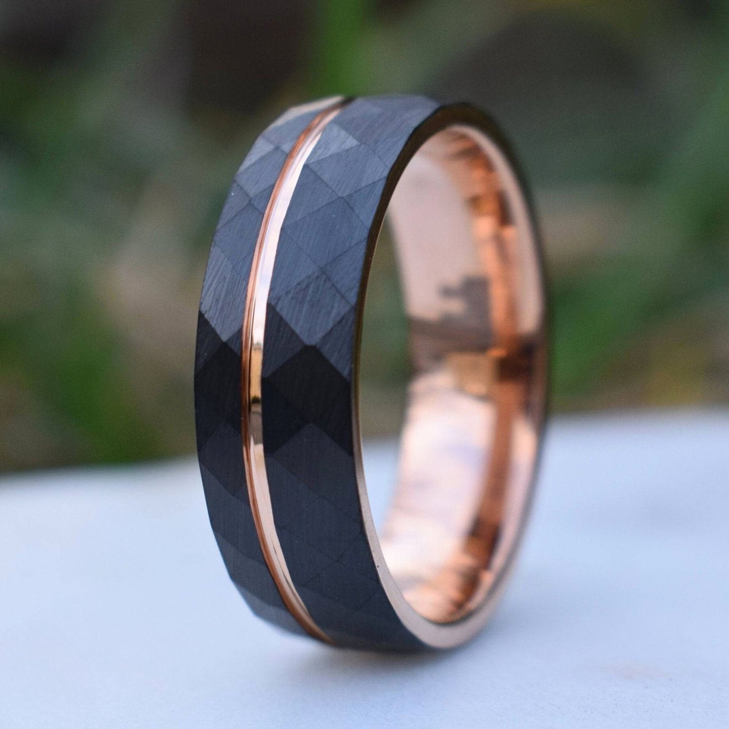 Hammered 8mm Black Tungsten Ring with Rose Gold Accent