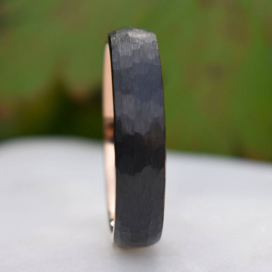Hammered Black Tungsten 6mm Ring with Rose Gold Band - Tungsten Titans