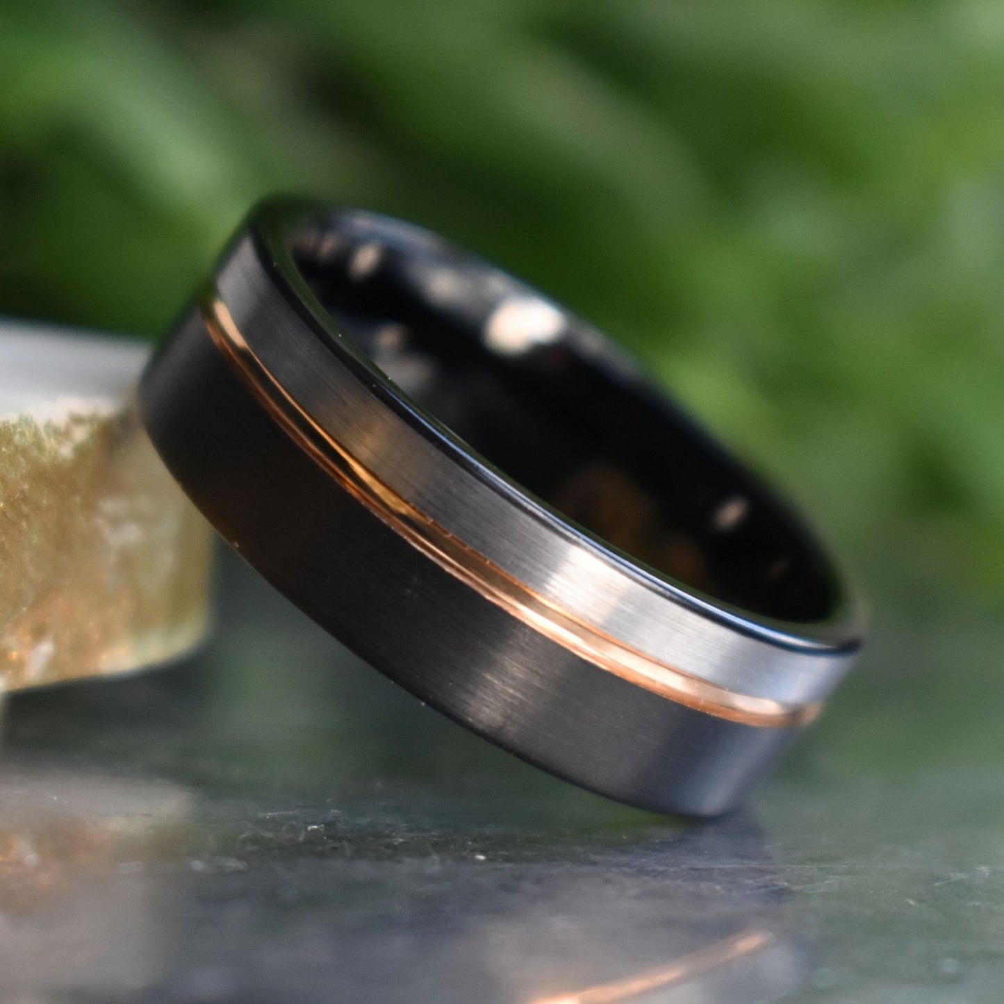 Tungsten 8mm Ring Black and Silver Brushed with Rose Gold Accent