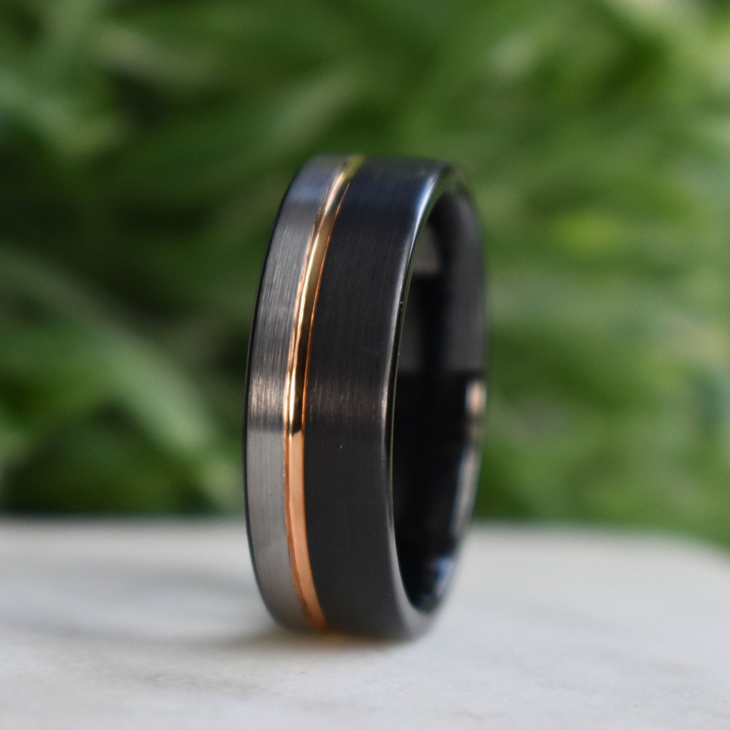 Tungsten 8mm Ring Black and Silver Brushed with Rose Gold Accent