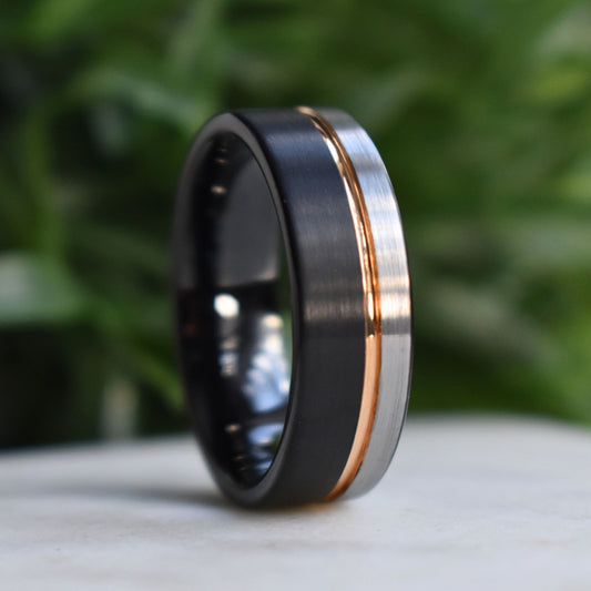 Tungsten 8mm Ring Black and Silver Brushed with Rose Gold Accent