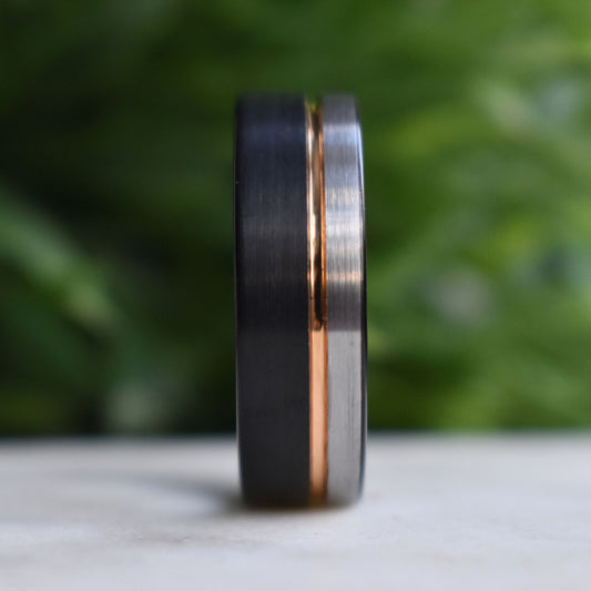 Tungsten 8mm Ring Black and Silver Brushed with Rose Gold Accent