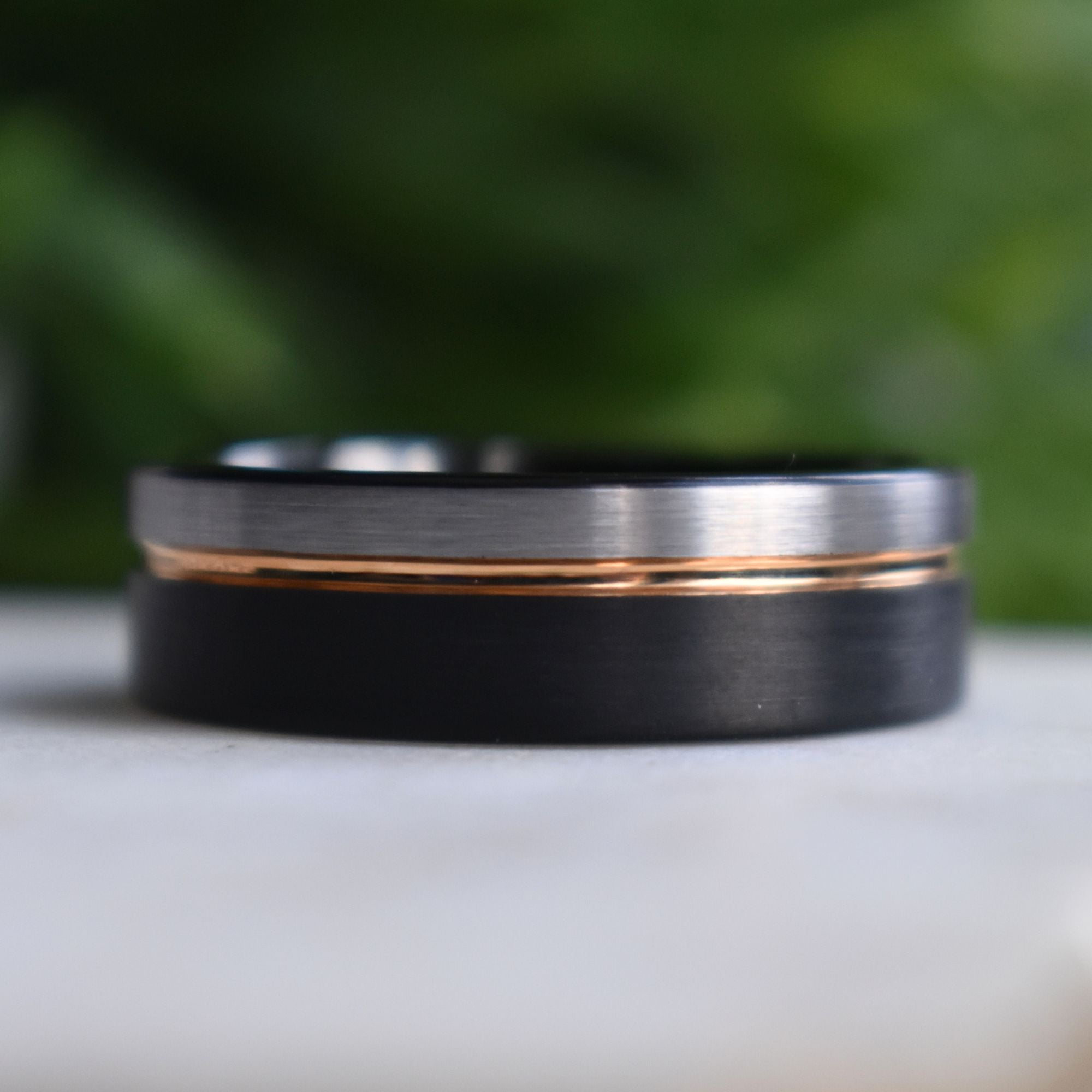 Tungsten 8mm Ring Black and Silver Brushed with Rose Gold Accent - Tungsten Titans