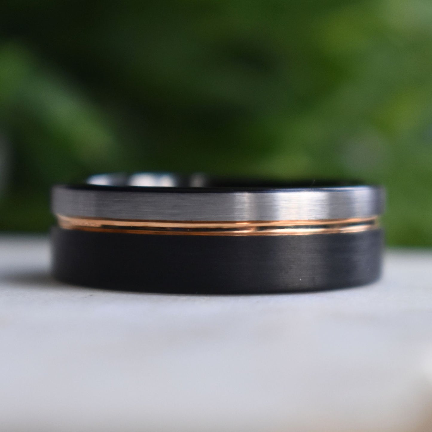 Tungsten 8mm Ring Black and Silver Brushed with Rose Gold Accent