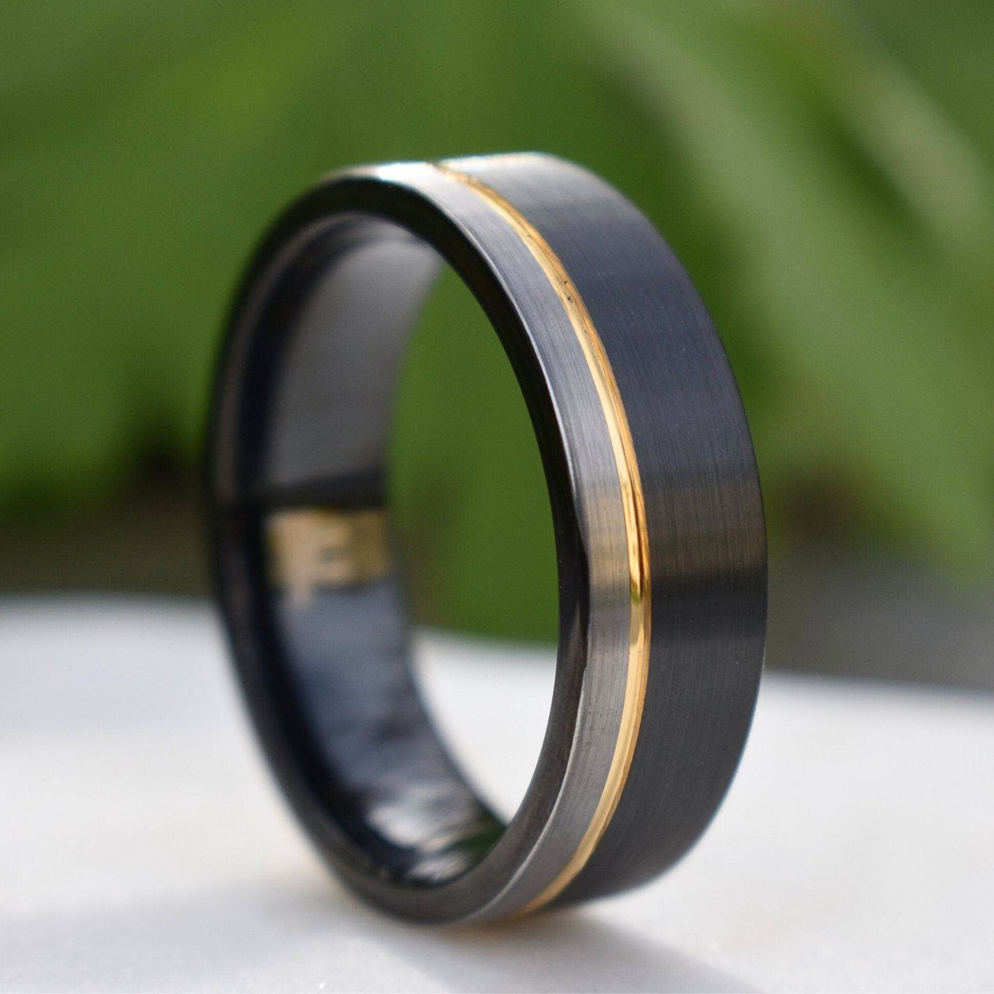 Tungsten 8mm Ring Black and Silver Brushed with Gold Accent