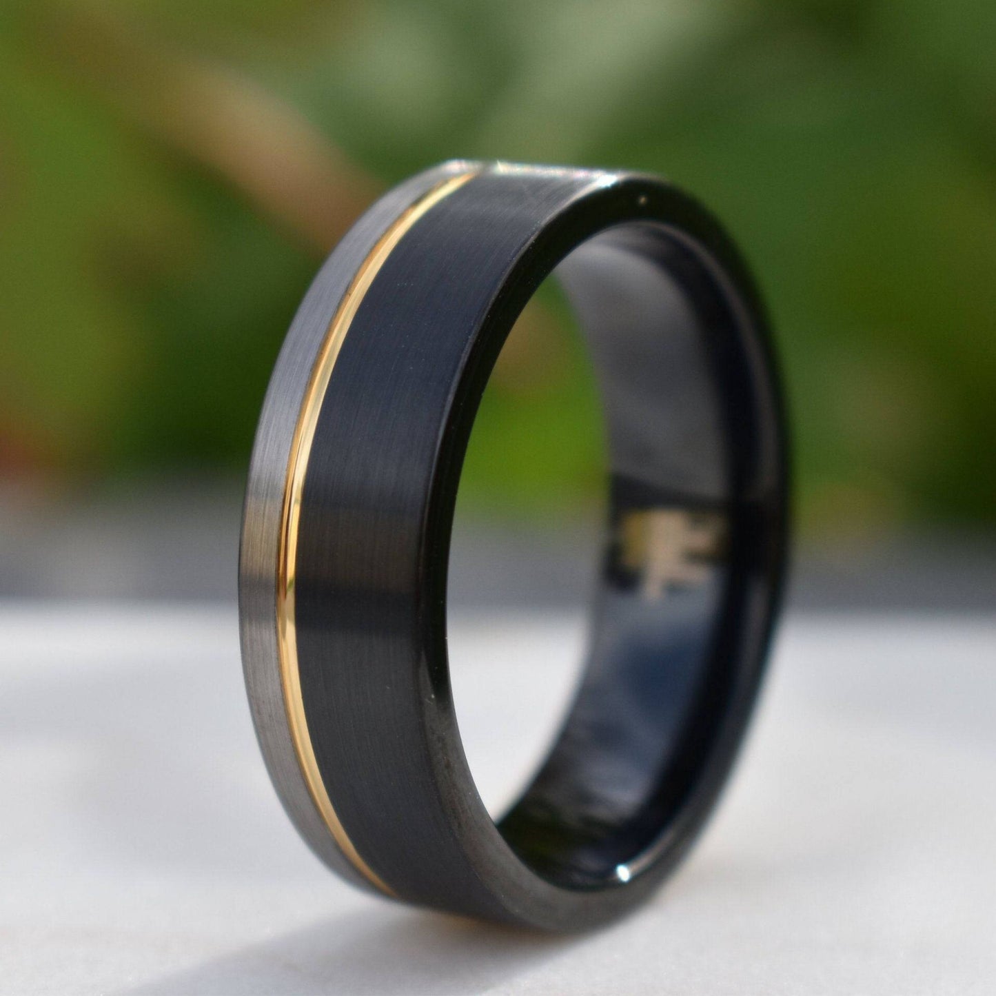 Tungsten 8mm Ring Black and Silver Brushed with Gold Accent