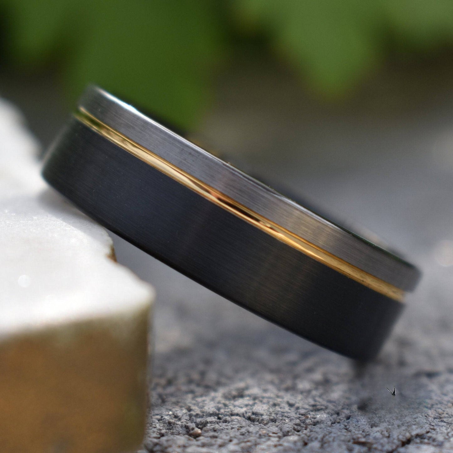 Tungsten 8mm Ring Black and Silver Brushed with Gold Accent