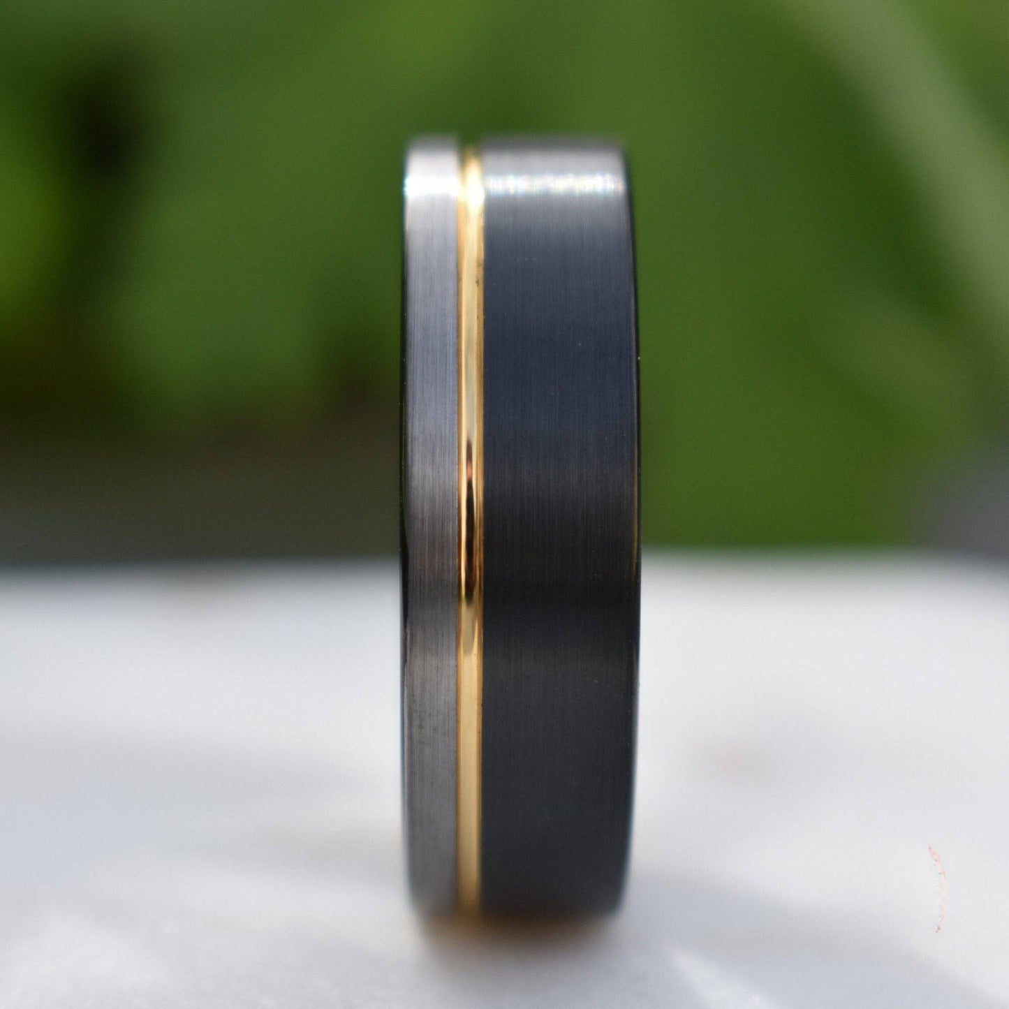 Tungsten 8mm Ring Black and Silver Brushed with Gold Accent