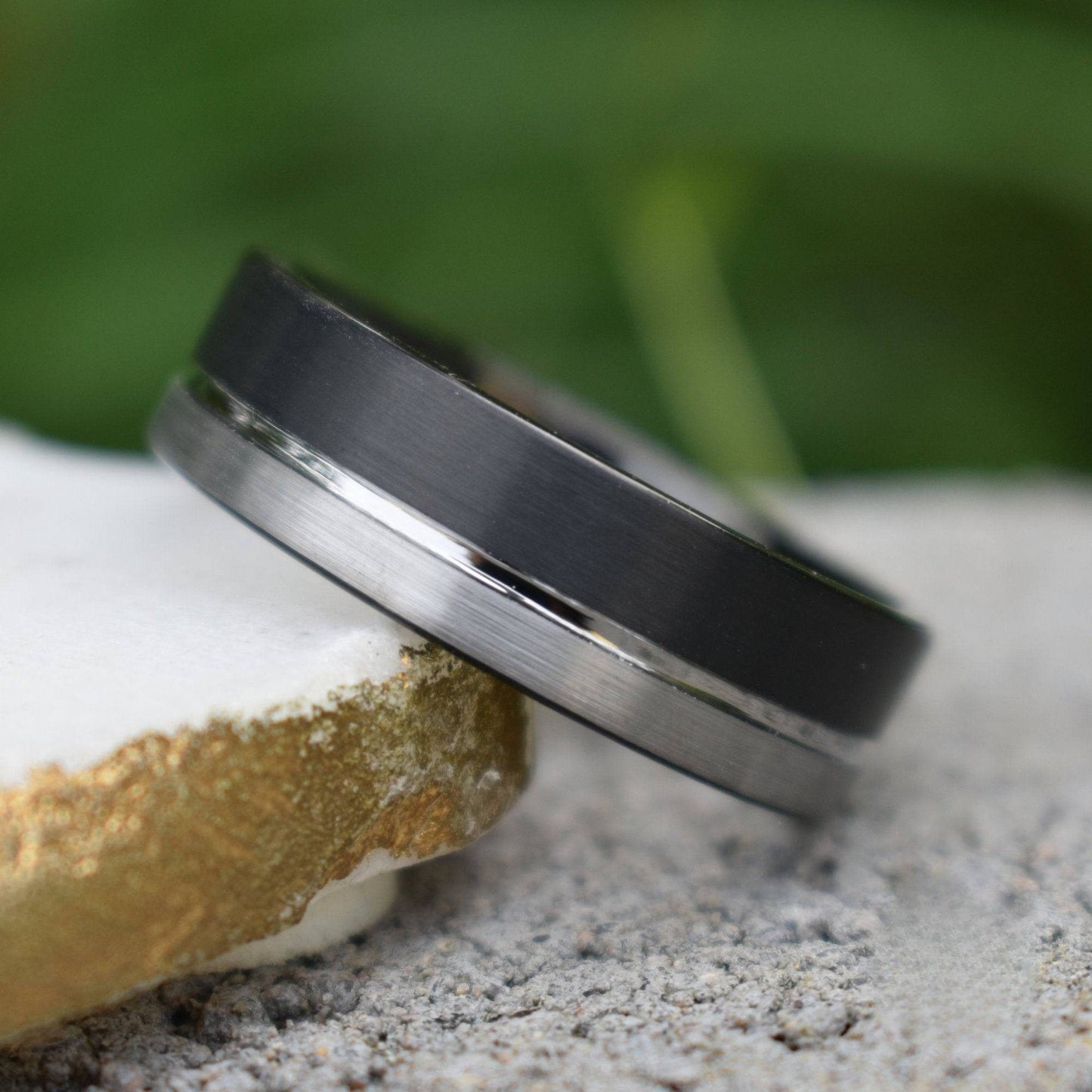 Tungsten Ring 8mm Black and Silver Brushed with Polished Silver Accent