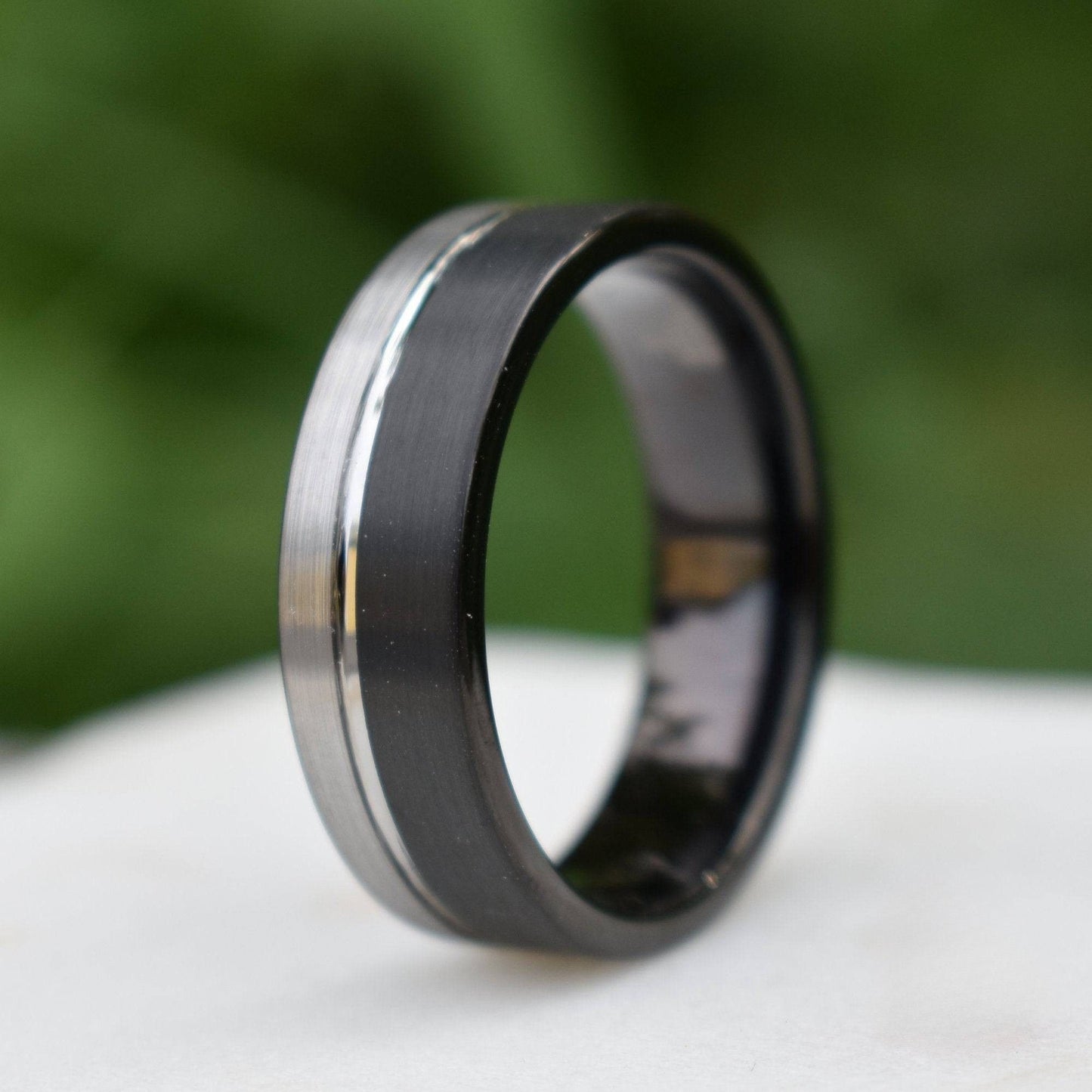 Tungsten Ring 8mm Black and Silver Brushed with Polished Silver Accent