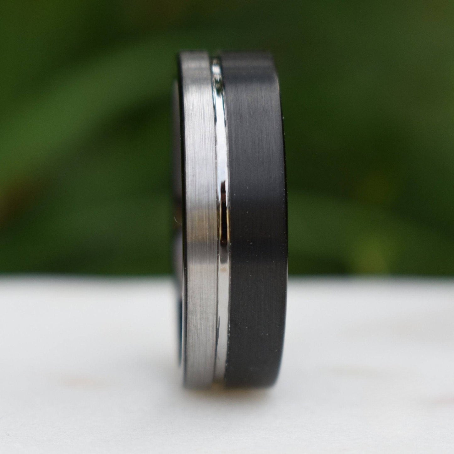 Tungsten Ring 8mm Black and Silver Brushed with Polished Silver Accent