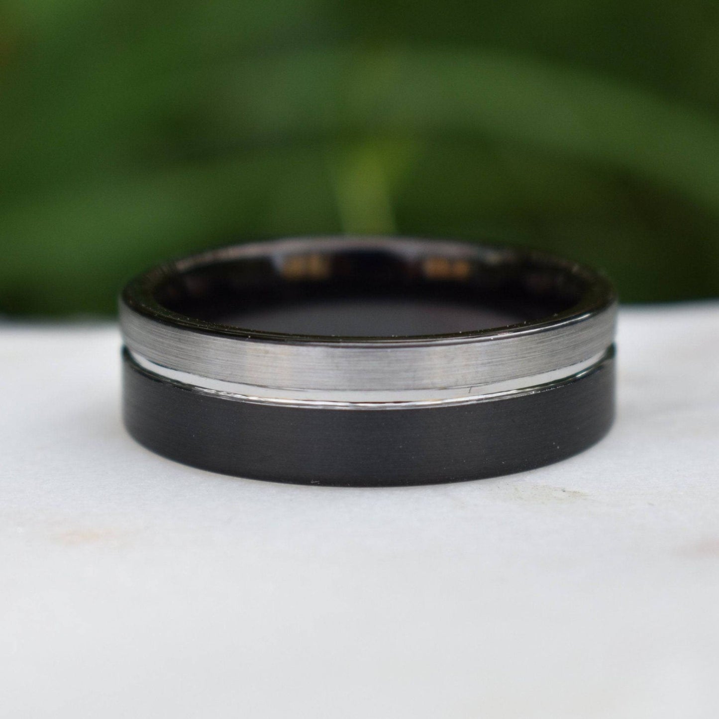 Tungsten Ring 8mm Black and Silver Brushed with Polished Silver Accent