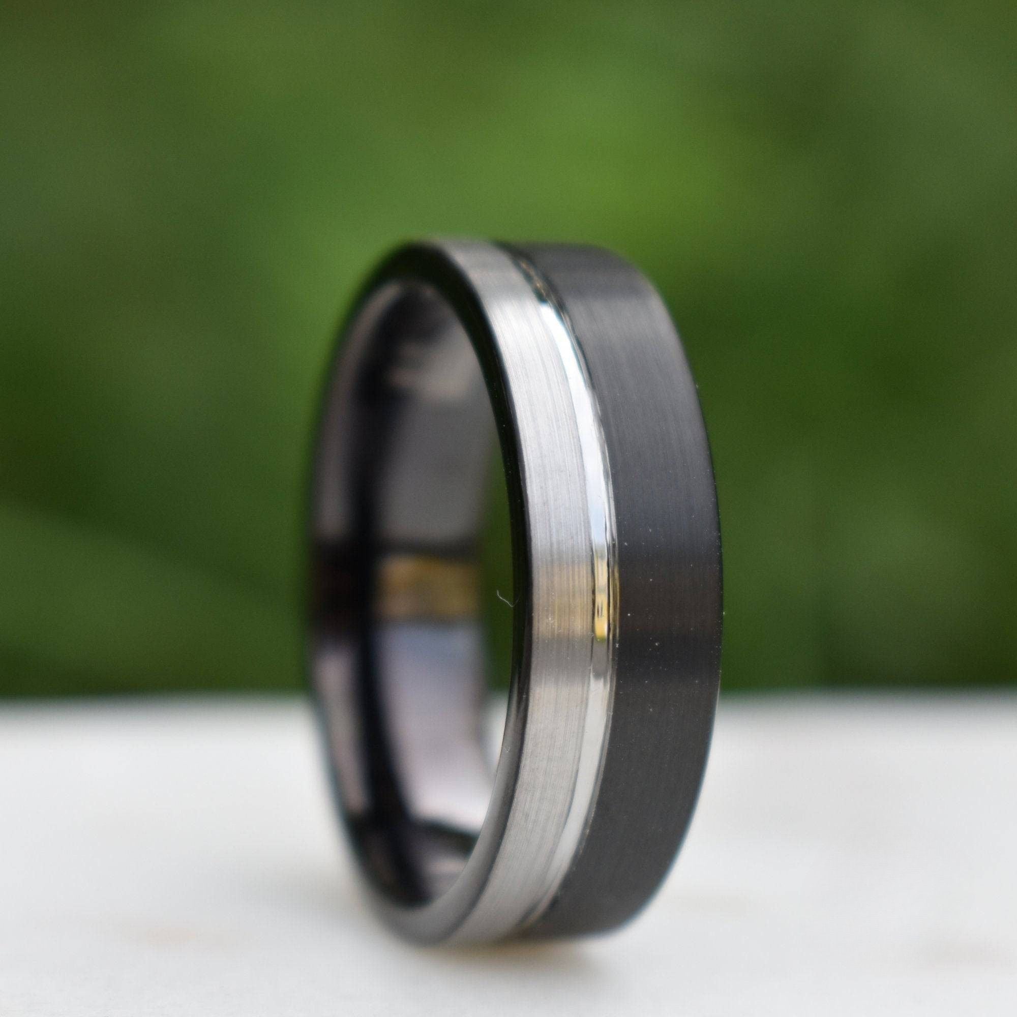 Tungsten Ring 8mm Black and Silver Brushed with Polished Silver Accent - Tungsten Titans