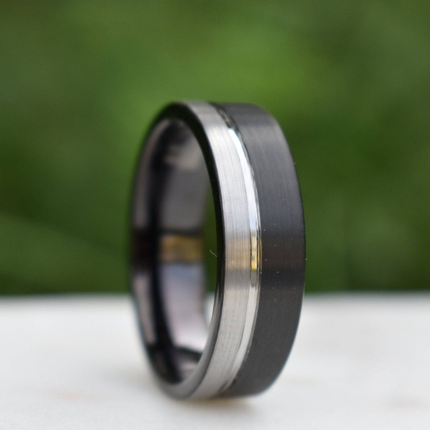 Tungsten Ring 8mm Black and Silver Brushed with Polished Silver Accent