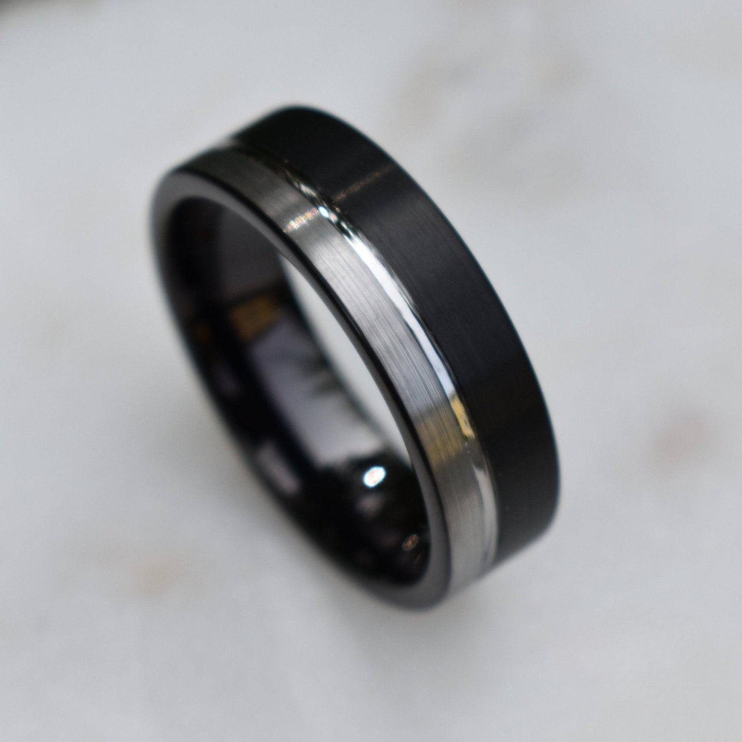 Tungsten Ring 8mm Black and Silver Brushed with Polished Silver Accent