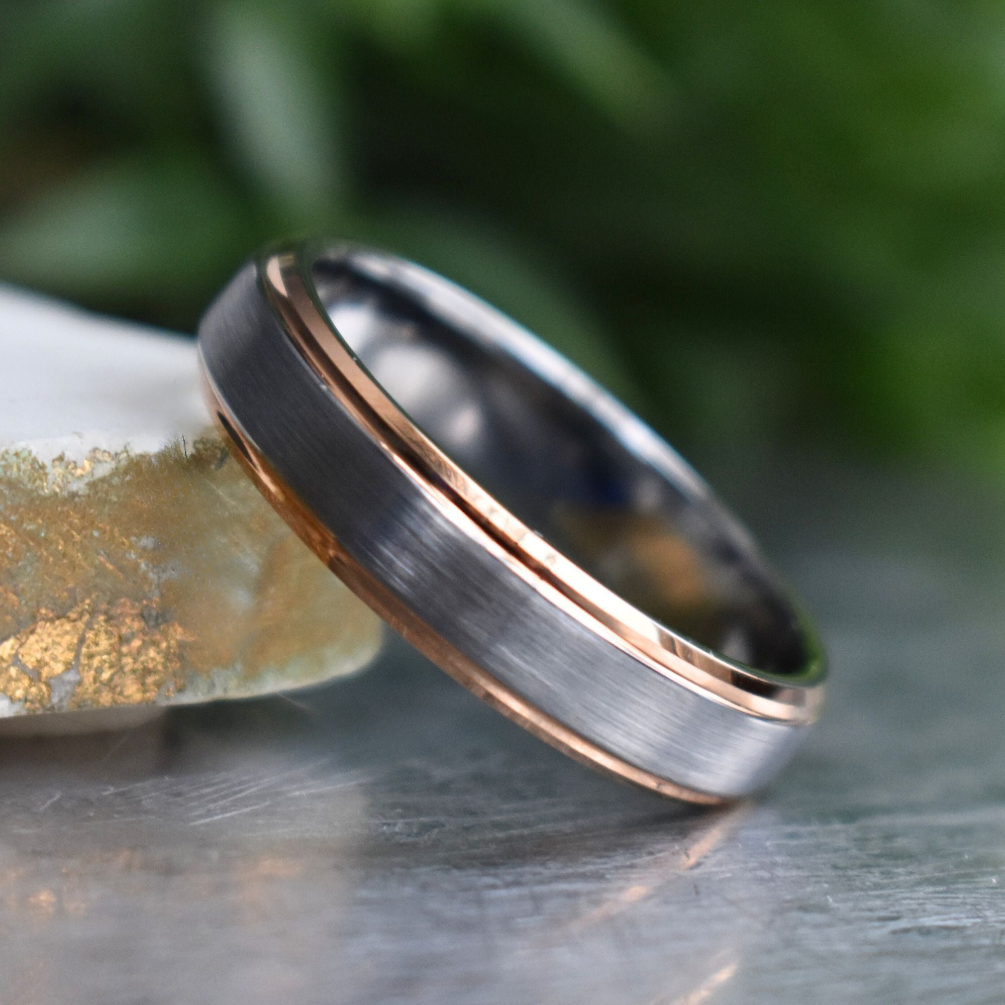 Tungsten 6mm Ring Brushed Silver with Rose Gold Beveled Edges - Tungsten Titans