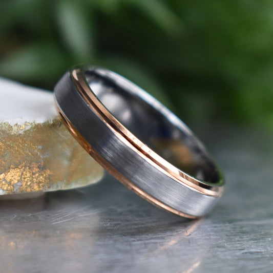 Tungsten 6mm Ring Brushed Silver with Rose Gold Beveled Edges - Tungsten Titans