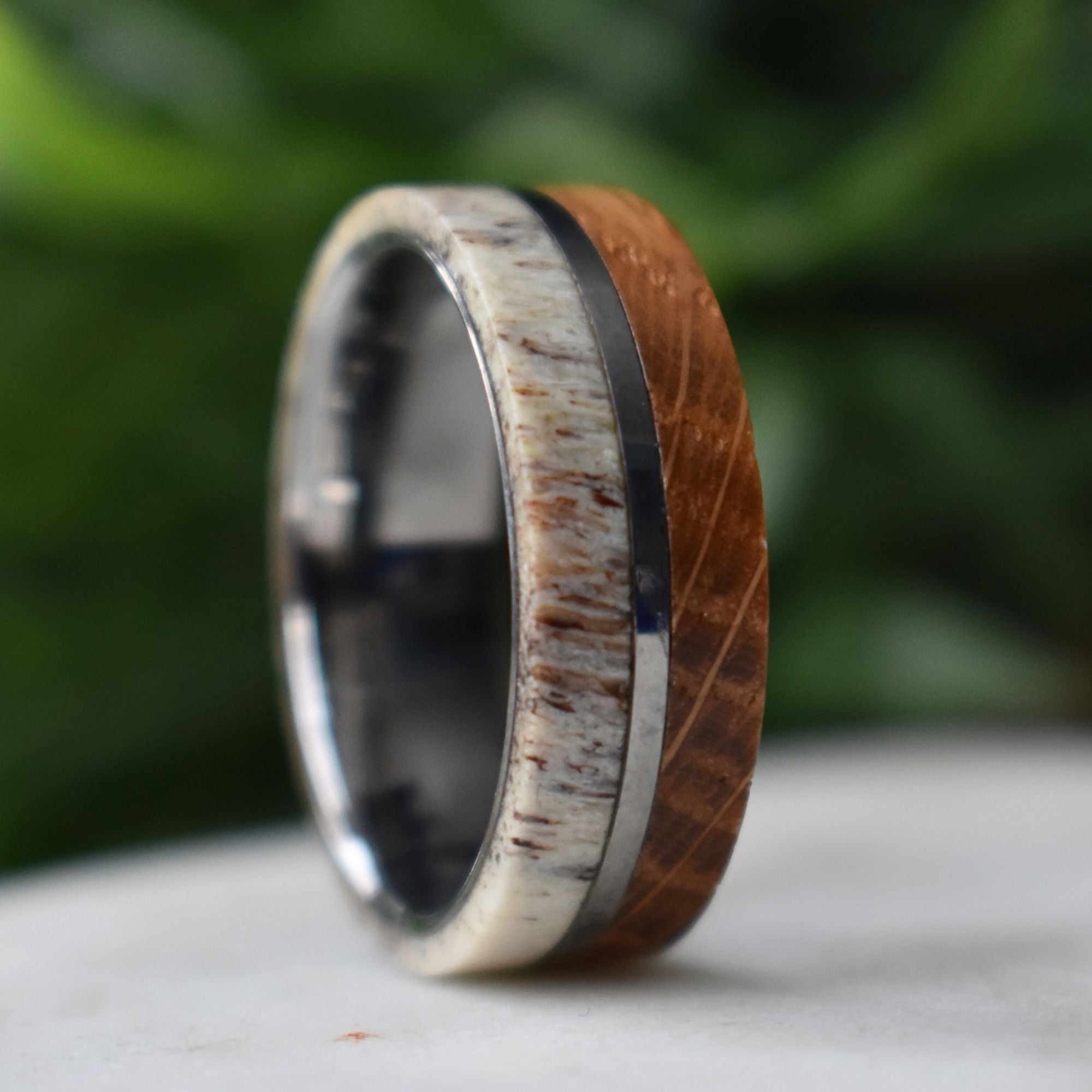 Whiskey Barrel and Deer Antler 8mm Ring with Tungsten Band - Tungsten Titans