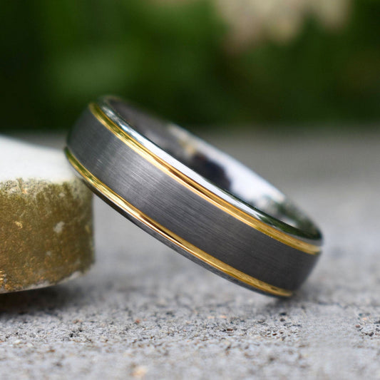 Tungsten 7mm Ring Brushed Silver with Yellow Gold Beveled Edges - Tungsten Titans