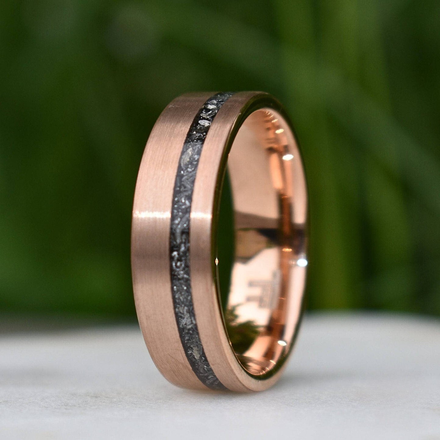 Tungsten 8mm Ring Rose Gold with Black Druzy Quartz and Meteorite