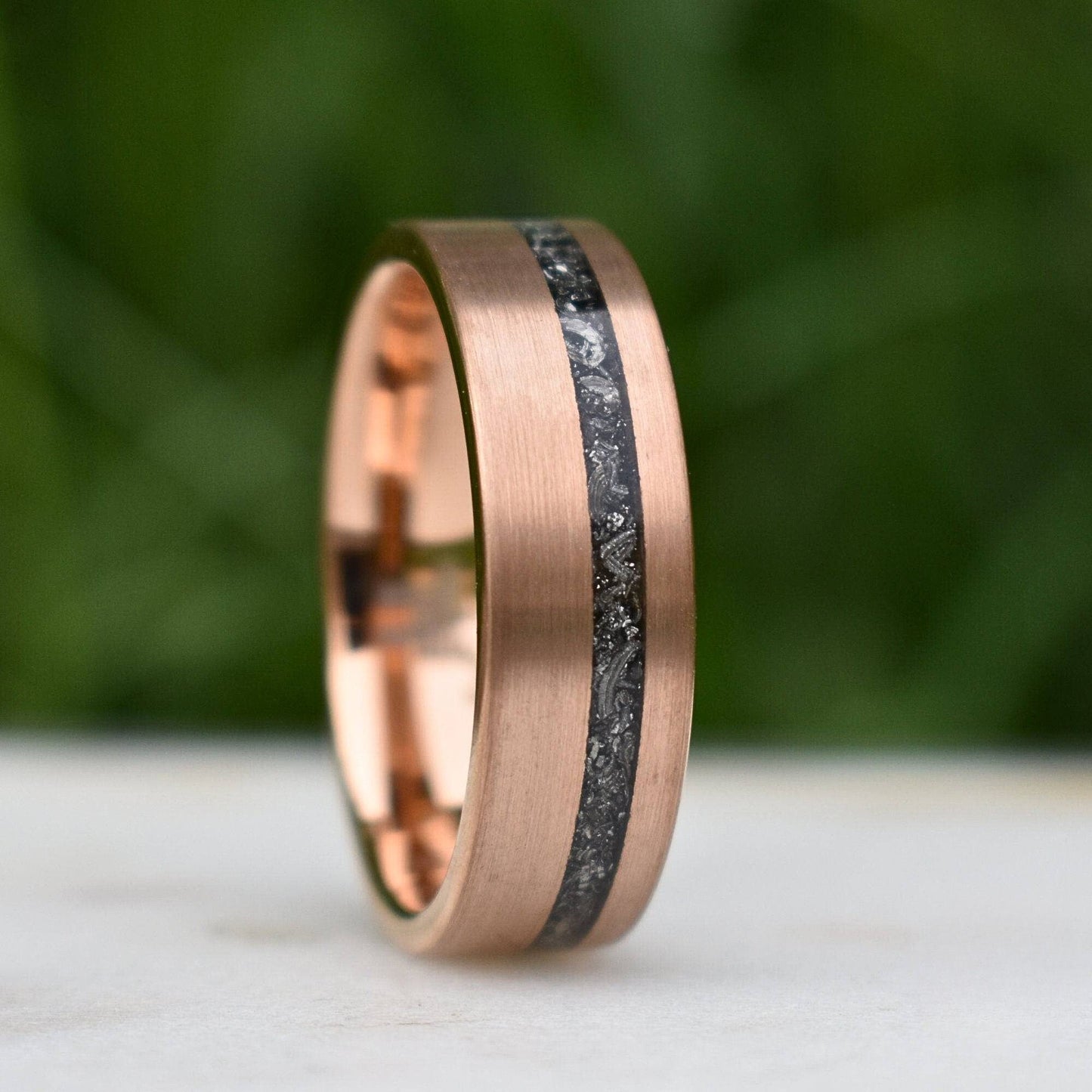 Tungsten 8mm Ring Rose Gold with Black Druzy Quartz and Meteorite