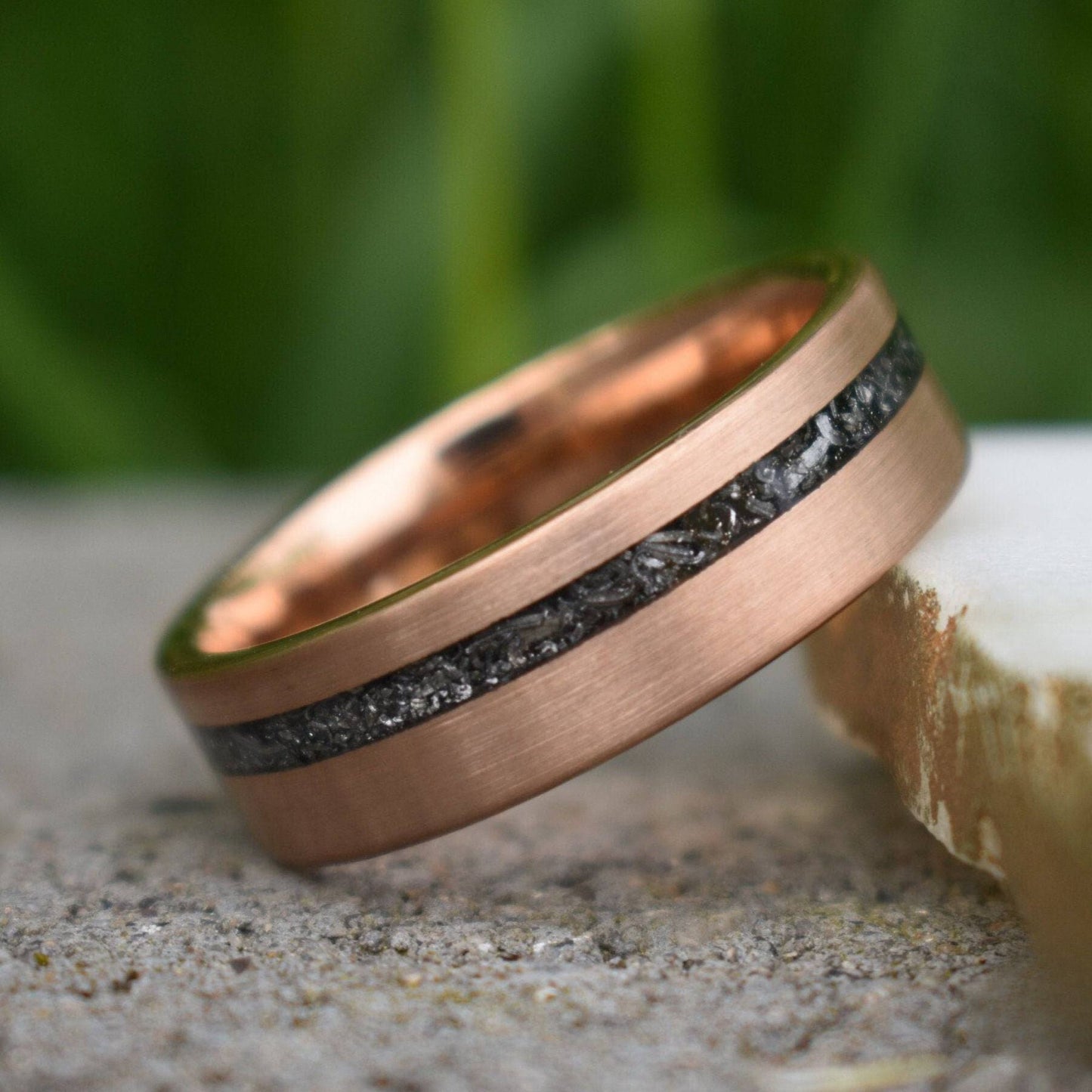 Tungsten 8mm Ring Rose Gold with Black Druzy Quartz and Meteorite