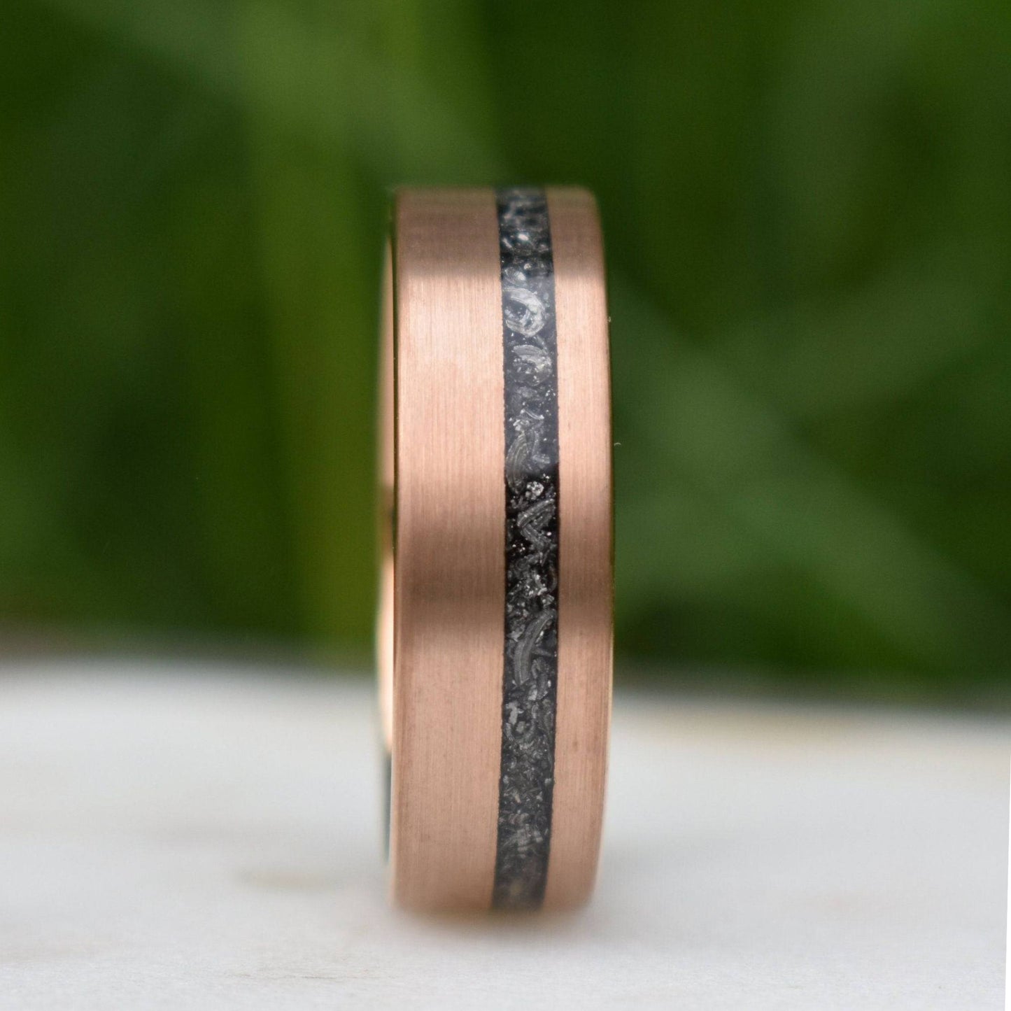 Tungsten 8mm Ring Rose Gold with Black Druzy Quartz and Meteorite