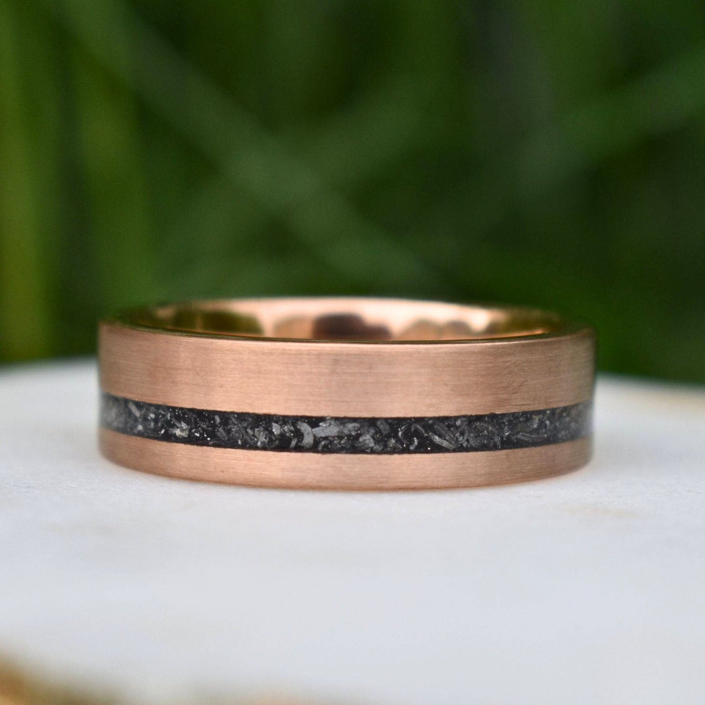 Tungsten 8mm Ring Rose Gold with Black Druzy Quartz and Meteorite